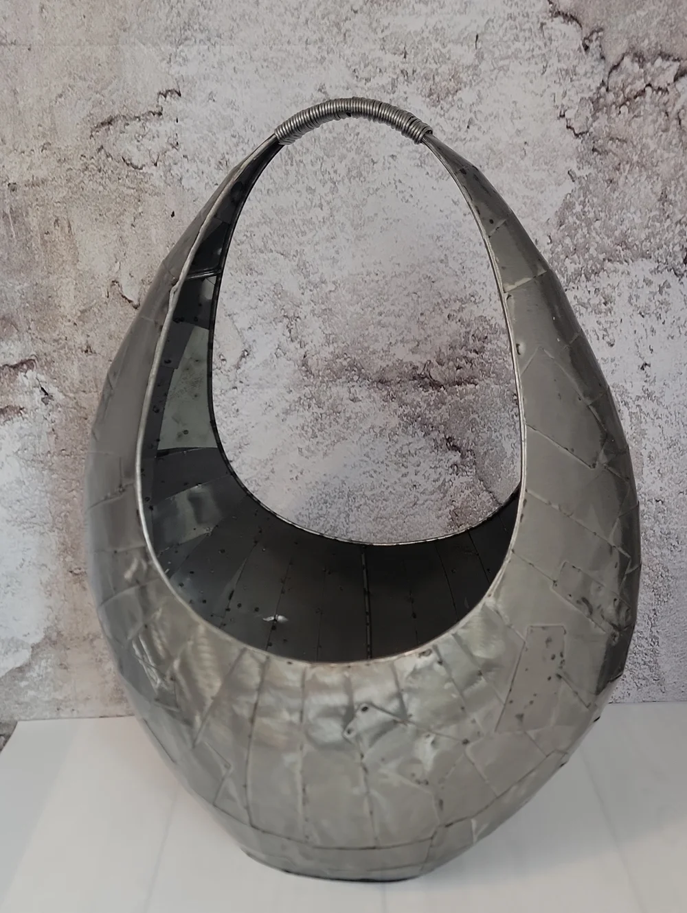 Modern Brutalist Metal Crescent Basket - Silver Home Art Accent